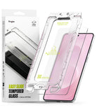 Galaxy S25 Edge Screen Protector | Easy Slide Tempered Glass - Ringke Easy Slide tempered glass kit with installation tray and smartphone.