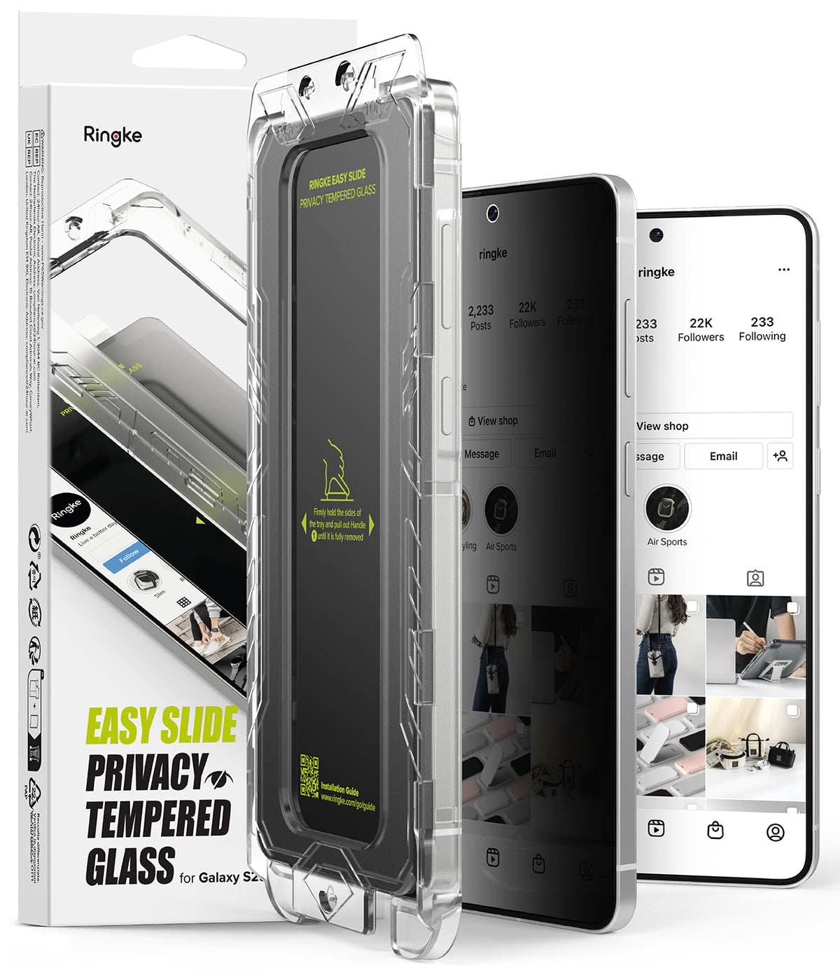 Galaxy S25 Edge Screen Protector | Easy Slide Privacy Tempered Glass - Privacy glass installation kit with alignment tray next to two phones showing screen.