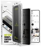 Galaxy S25 Edge Screen Protector | Easy Slide Privacy Tempered Glass - Privacy glass installation kit with alignment tray next to two phones showing screen.