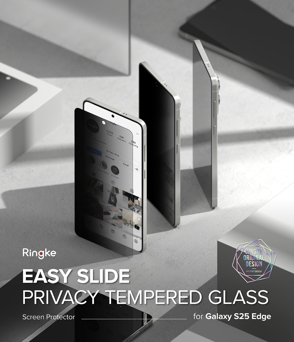 Galaxy S25 Edge Screen Protector | Easy Slide Privacy Tempered Glass - Privacy tempered glass being applied to a smartphone screen on a gray surface.