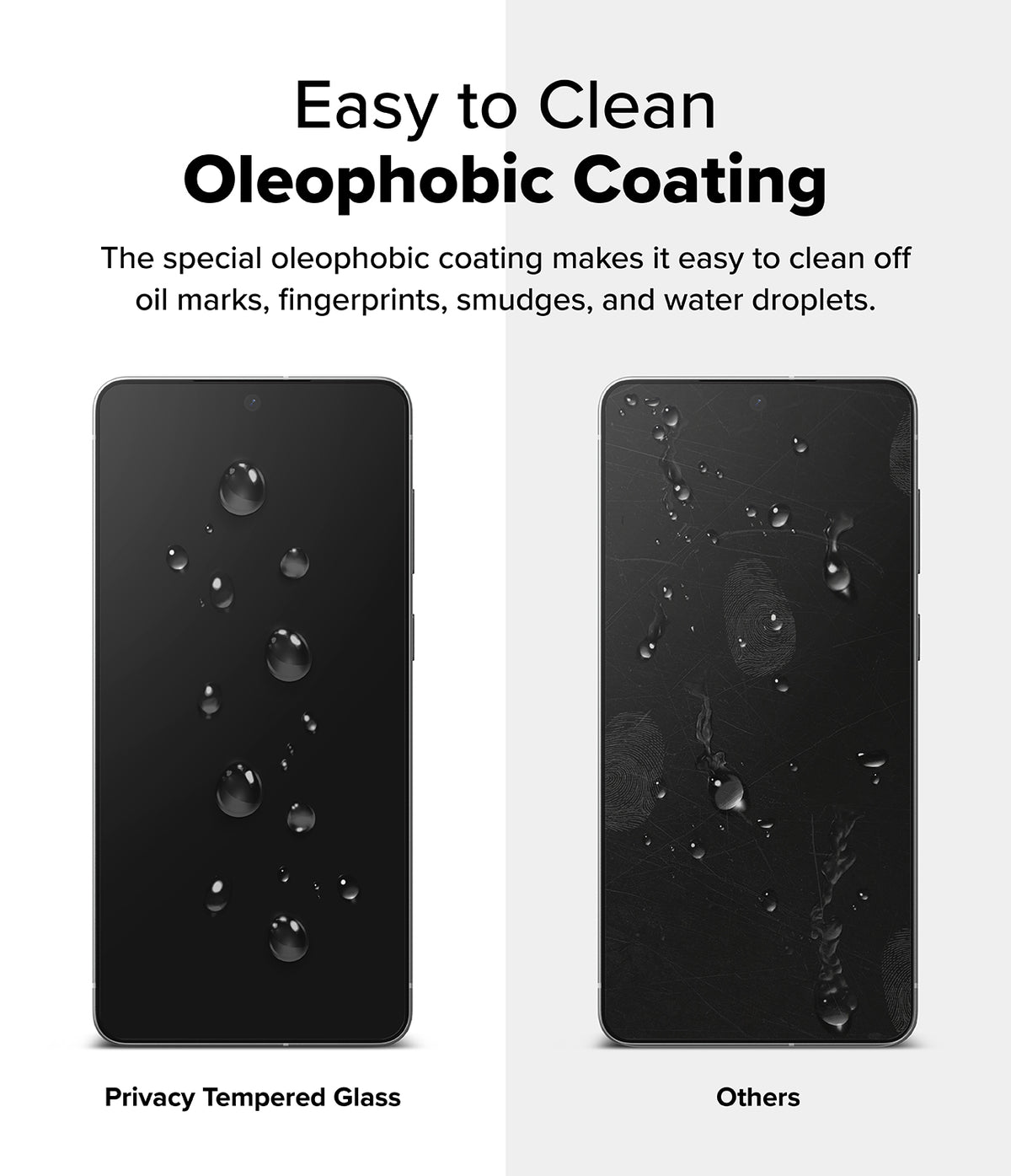 Galaxy S25 Edge Screen Protector | Easy Slide Privacy Tempered Glass - Comparison showing water beading on oleophobic glass versus smudged, wet standard glass.