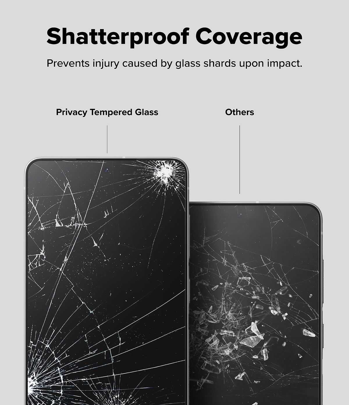 Galaxy S25 Edge Screen Protector | Easy Slide Privacy Tempered Glass - Comparison showing shatterproof glass holding together versus loose shards on others.