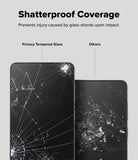 Galaxy S25 Edge Screen Protector | Easy Slide Privacy Tempered Glass - Comparison showing shatterproof glass holding together versus loose shards on others.
