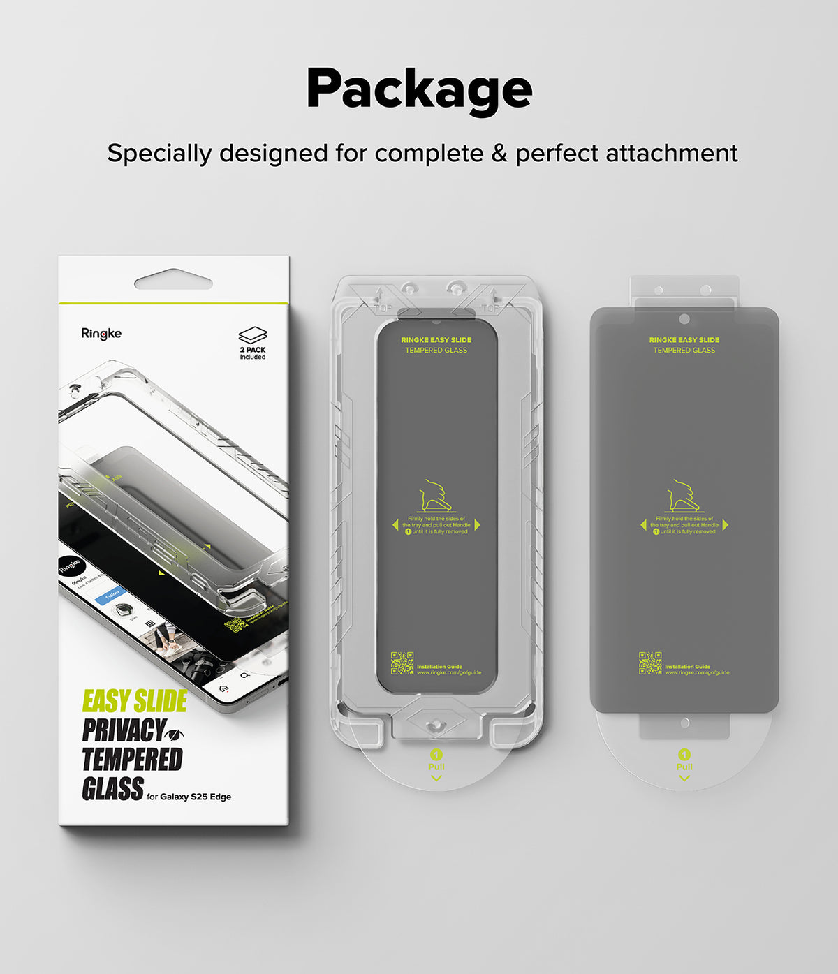 Galaxy S25 Edge Screen Protector | Easy Slide Privacy Tempered Glass - Packaging, installation tray, and privacy tempered glass for Galaxy S25 Edge.