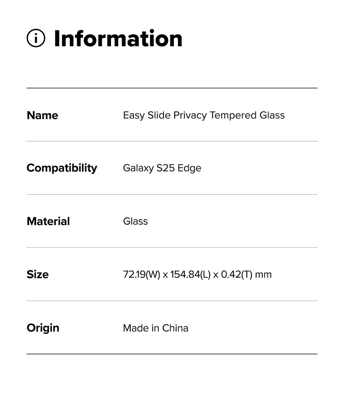 Galaxy S25 Edge Screen Protector | Easy Slide Privacy Tempered Glass - Information table listing product name, compatibility, material, size, and origin.