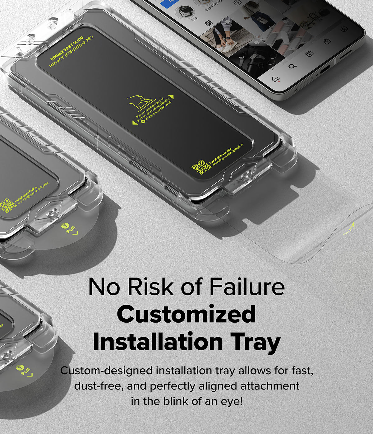 Galaxy S25 Edge Screen Protector | Easy Slide Privacy Tempered Glass - Privacy tempered glass in a clear installation tray with a pull-tab for easy application.