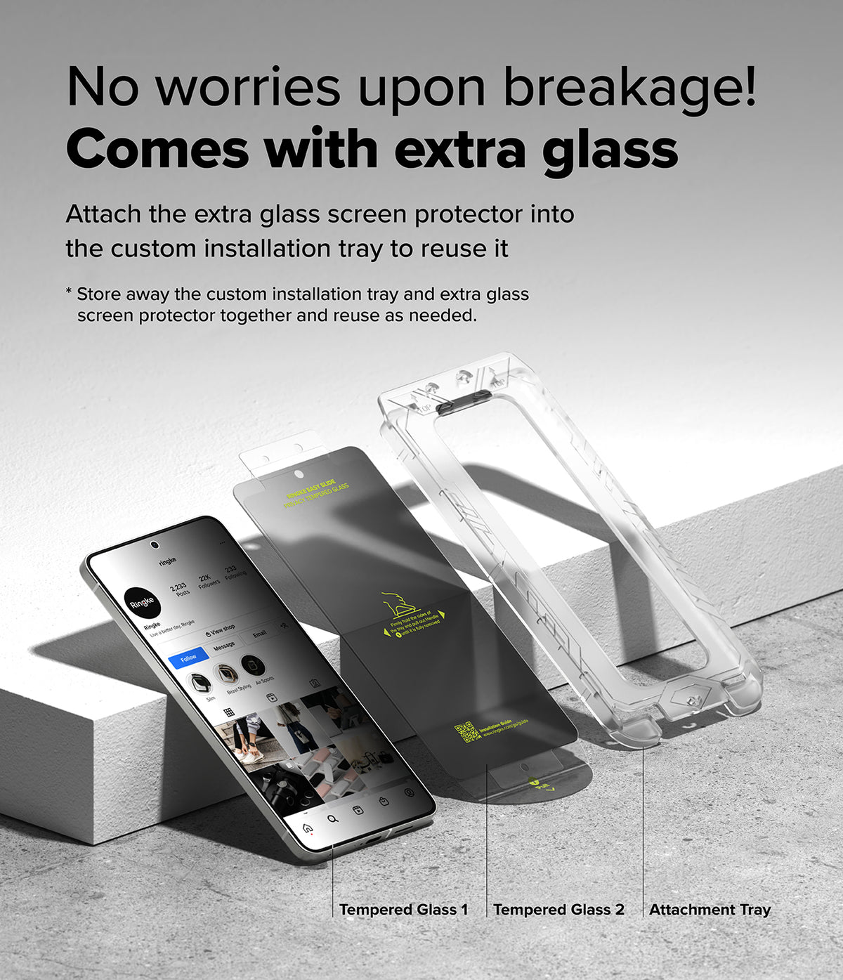 Galaxy S25 Edge Screen Protector | Easy Slide Privacy Tempered Glass - Smartphone with privacy glass, a spare screen protector, and an installation tray.
