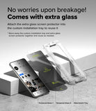 Galaxy S25 Edge Screen Protector | Easy Slide Privacy Tempered Glass - Smartphone with privacy glass, a spare screen protector, and an installation tray.