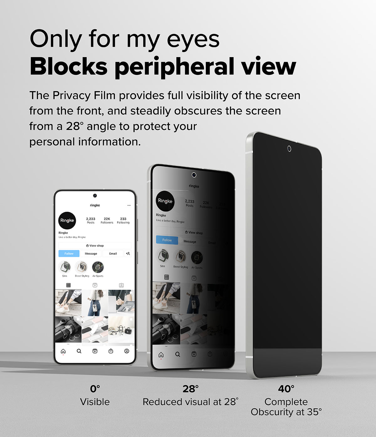 Galaxy S25 Edge Screen Protector | Easy Slide Privacy Tempered Glass - Three phones showing privacy glass visibility decreasing from 0 to 40 degrees.