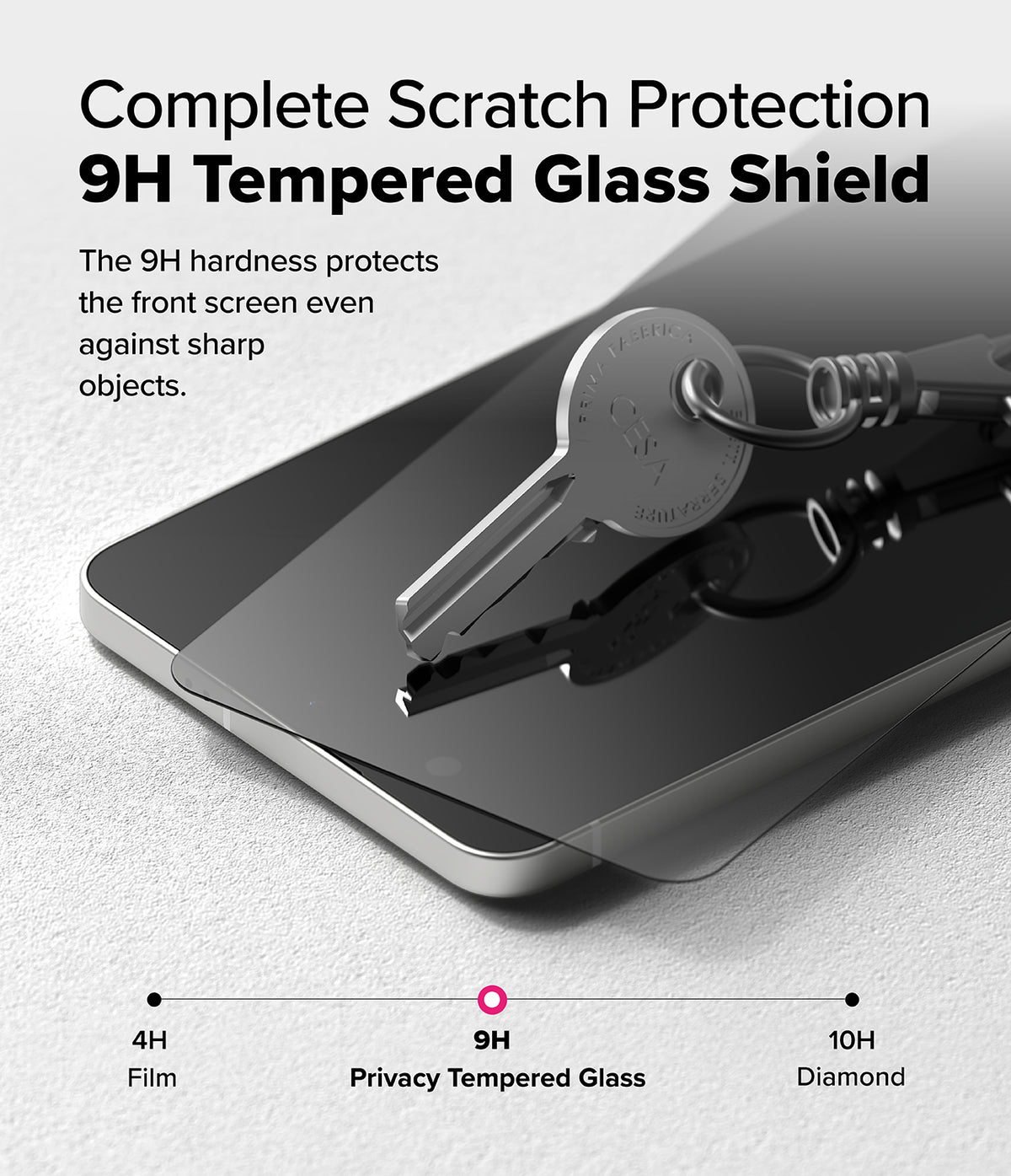 Galaxy S25 Edge Screen Protector | Easy Slide Privacy Tempered Glass - A metal key resting on a 9H tempered glass screen protector atop a smartphone.