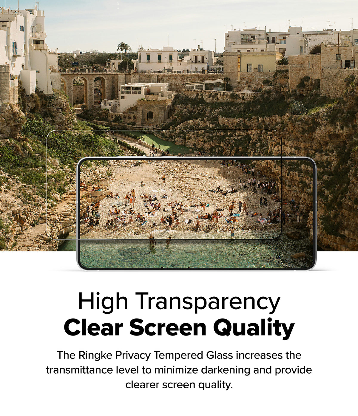 Galaxy S25 Edge Screen Protector | Easy Slide Privacy Tempered Glass - Smartphone displaying a bright beach scene through a clear privacy glass layer.