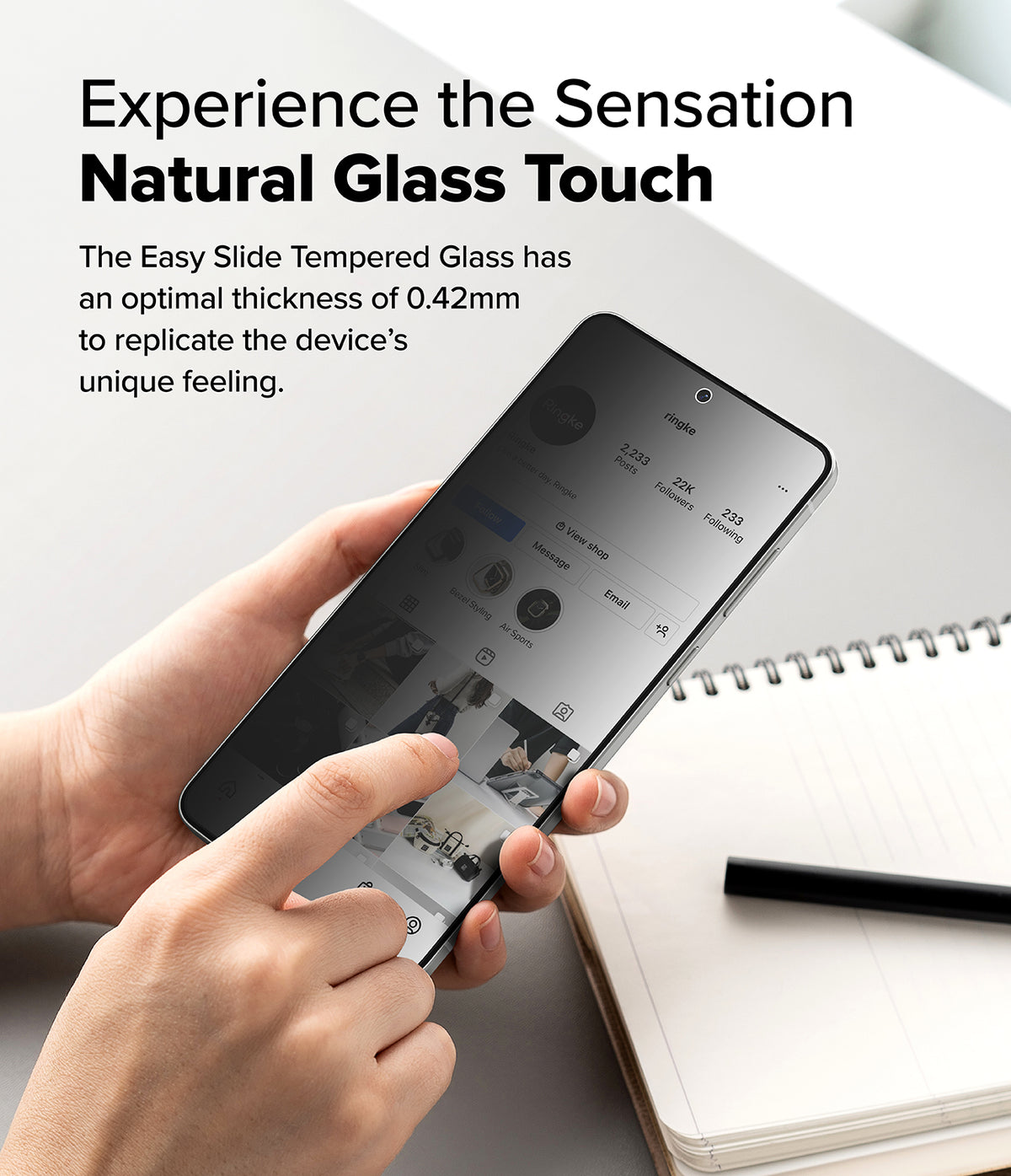 Galaxy S25 Edge Screen Protector | Easy Slide Privacy Tempered Glass - Hand holding a smartphone with a privacy tempered glass screen protector.
