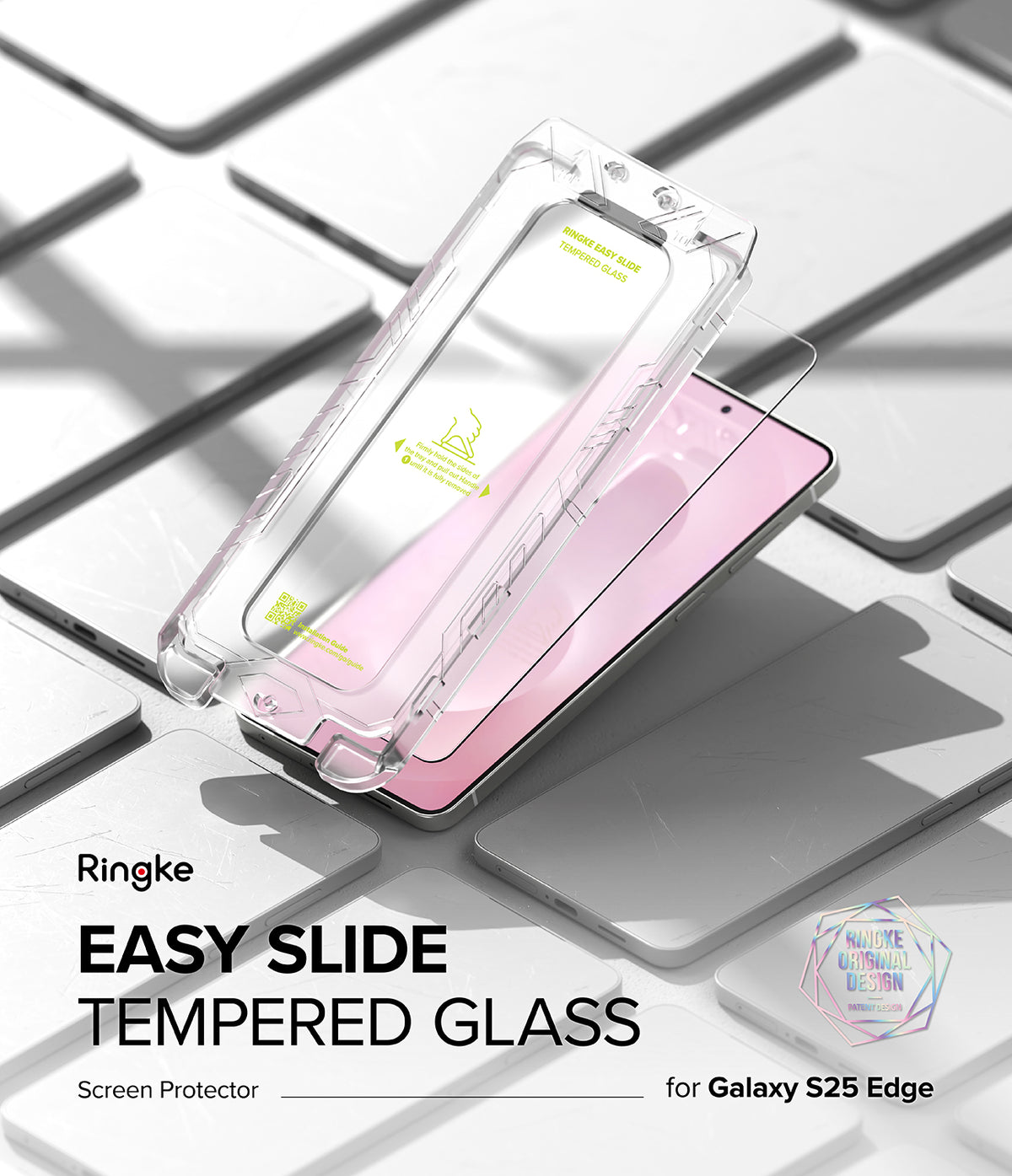 Galaxy S25 Edge Screen Protector | Easy Slide Tempered Glass - Clear installation tray hovering over a smartphone screen on a tiled background.