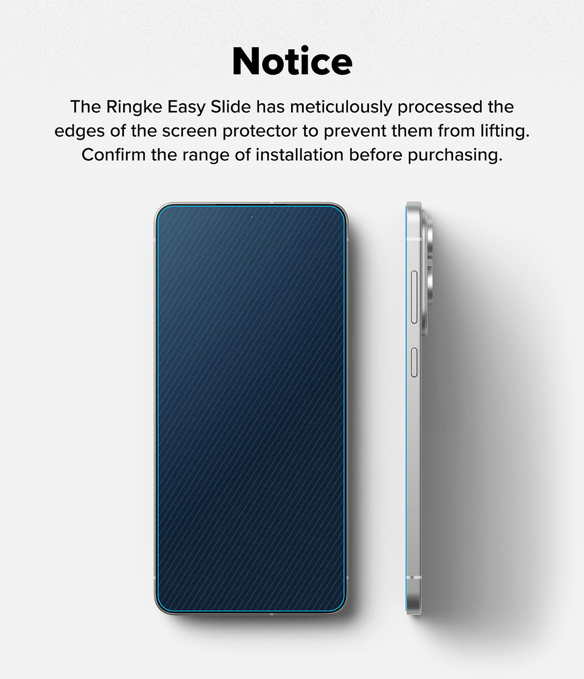 Galaxy S25 Edge Screen Protector | Easy Slide Tempered Glass - Notice text above front and side views of a phone.