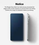 Galaxy S25 Edge Screen Protector | Easy Slide Tempered Glass - Notice text above front and side views of a phone.