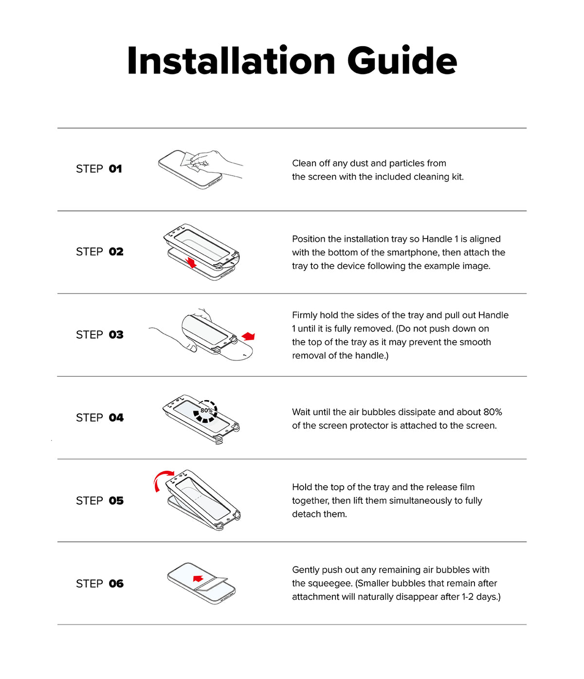 Galaxy S25 Edge Screen Protector | Easy Slide Tempered Glass - Six-step illustrated guide showing how to install a tempered glass screen protector.