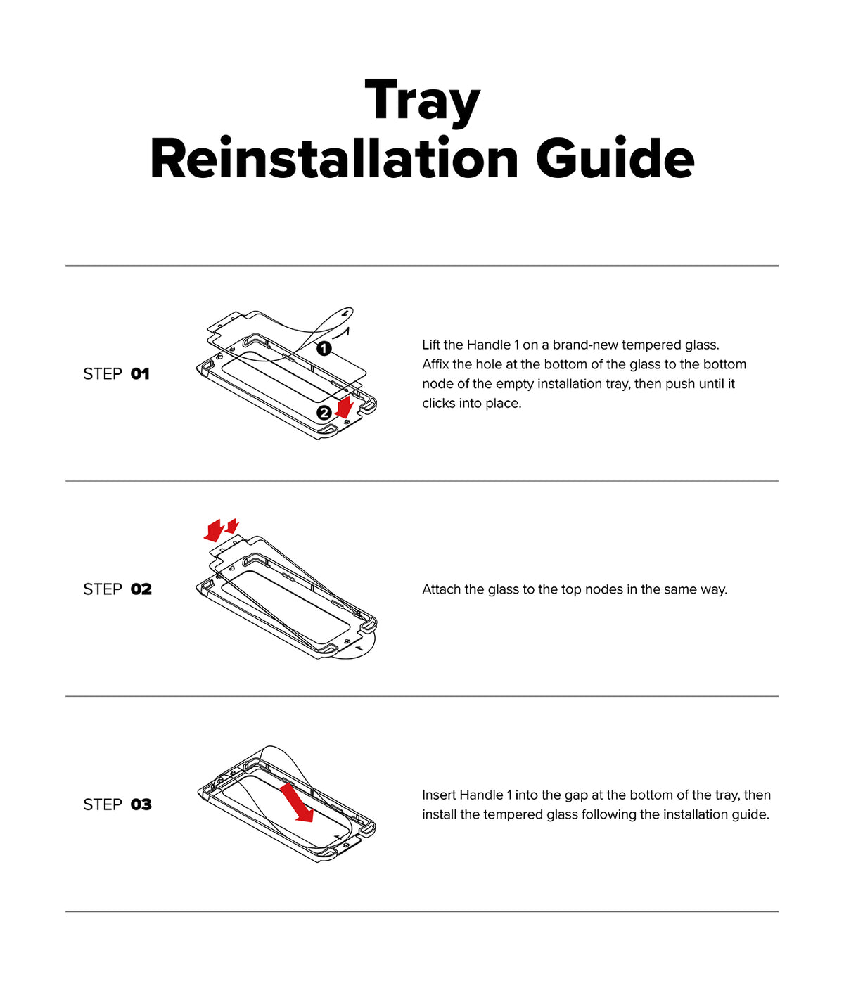 Galaxy S25 Edge Screen Protector | Easy Slide Tempered Glass - Three-step instructional diagram showing how to align and install glass into a tray.