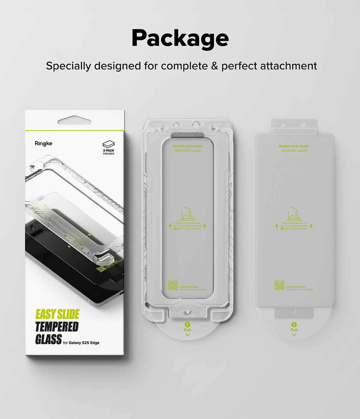 Galaxy S25 Edge Screen Protector | Easy Slide Tempered Glass - Ringke Easy Slide tempered glass packaging, installation tray, and screen protector.