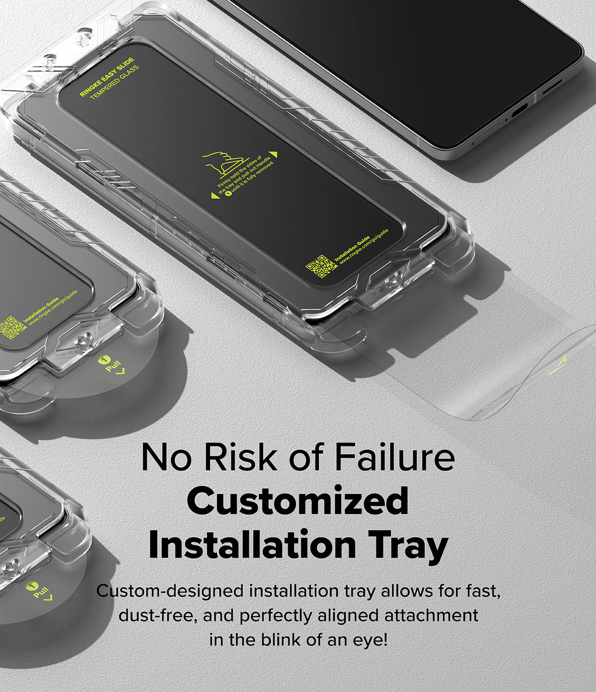Galaxy S25 Edge Screen Protector | Easy Slide Tempered Glass - Tempered glass screen protector in a clear plastic installation tray for a smartphone.