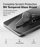 Galaxy S25 Edge Screen Protector | Easy Slide Tempered Glass - A metal key resting on a smartphone screen protected by 9H tempered glass.
