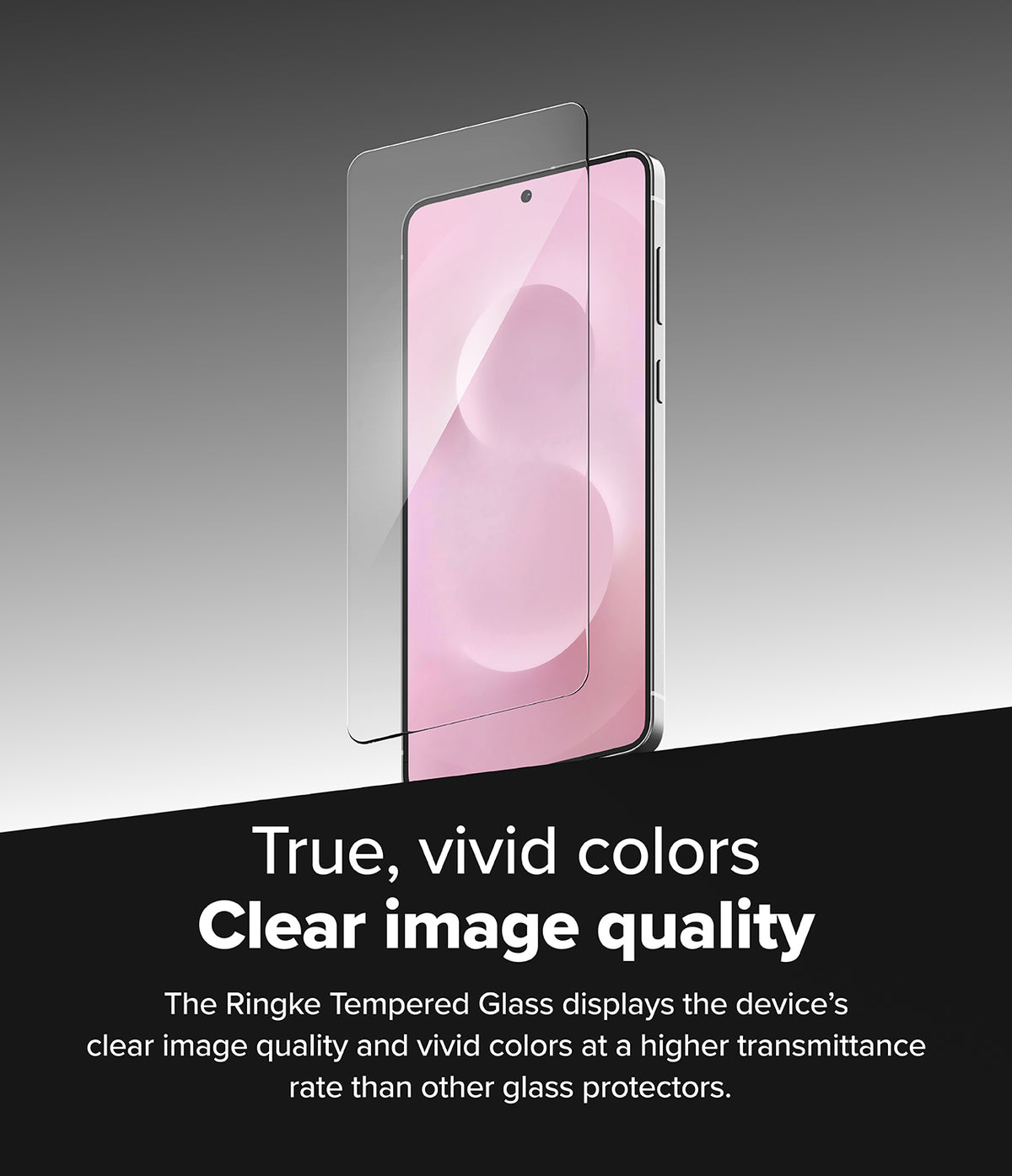 Galaxy S25 Edge Screen Protector | Easy Slide Tempered Glass - Tempered glass hovering over a smartphone screen showing vivid pink display colors.