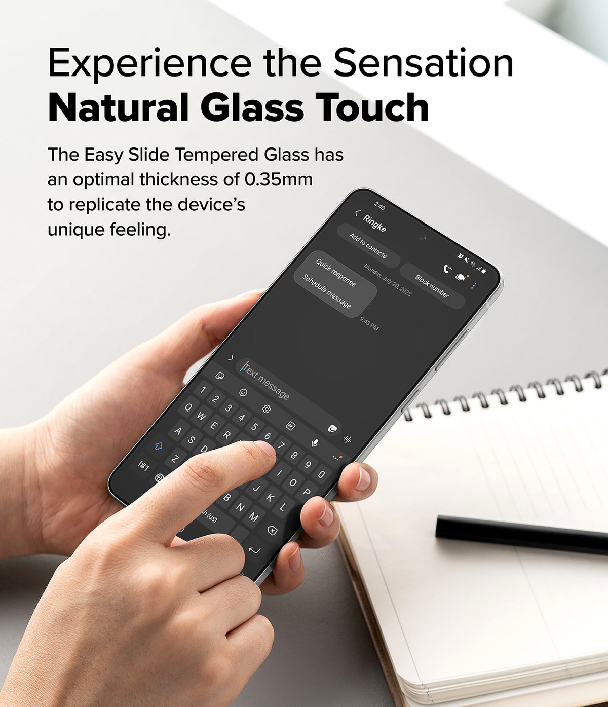 Galaxy S25 Edge Screen Protector | Easy Slide Tempered Glass - Hand holding a smartphone with a tempered glass screen protector while typing.