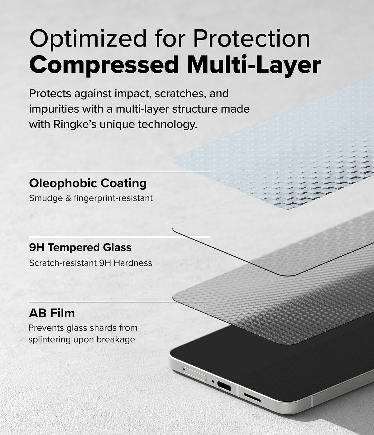 Galaxy S25 Edge Screen Protector | Easy Slide Tempered Glass - Exploded view showing oleophobic coating, 9H tempered glass, and AB film layers.