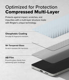 Galaxy S25 Edge Screen Protector | Easy Slide Tempered Glass - Exploded view showing oleophobic coating, 9H tempered glass, and AB film layers.