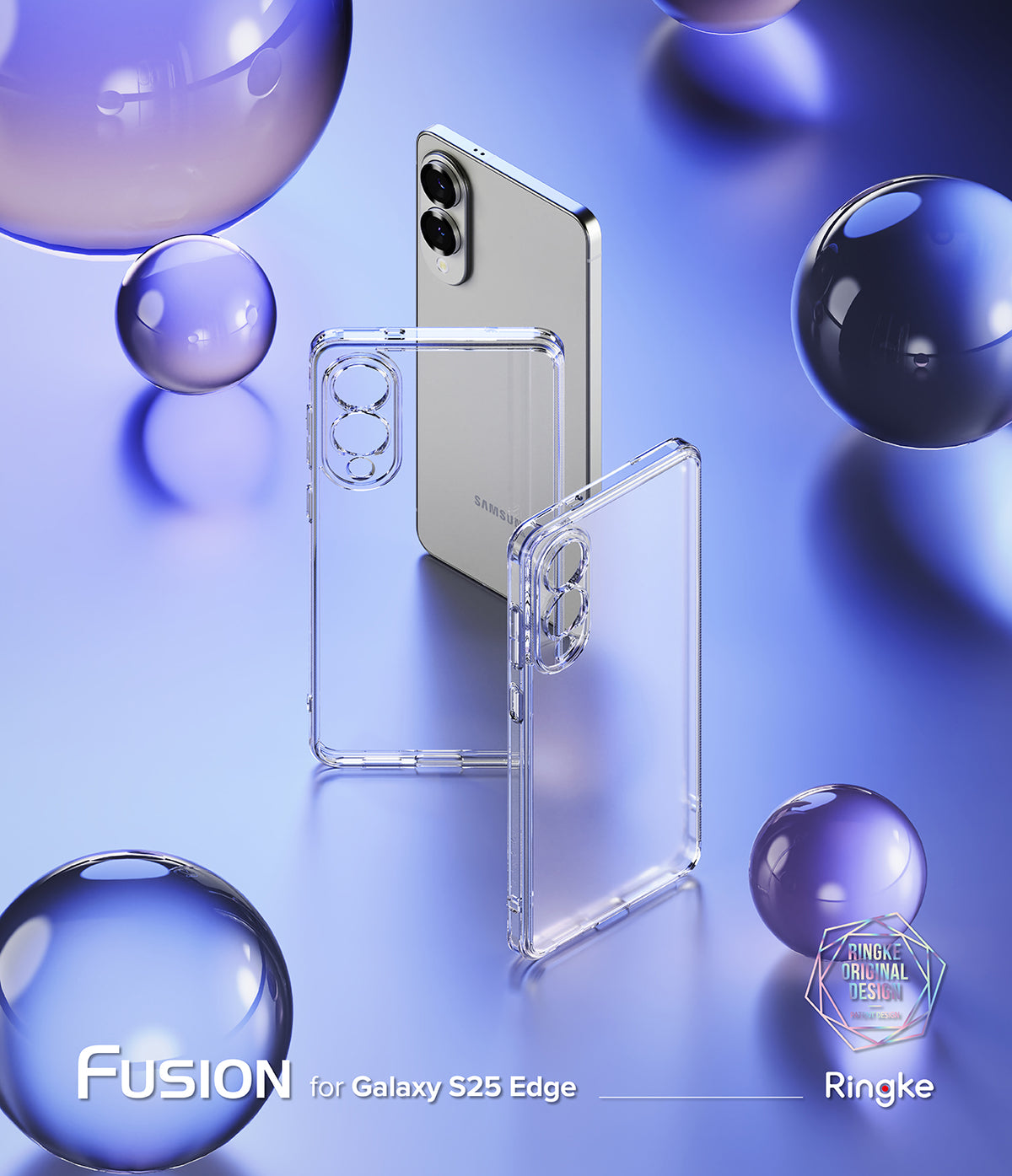 Galaxy S25 Edge Case | Fusion - Clear phone cases and a silver smartphone arranged among floating glass spheres.