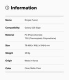 Galaxy S25 Edge Case | Fusion - Information table listing product name, compatibility, materials, size, weight, and color.