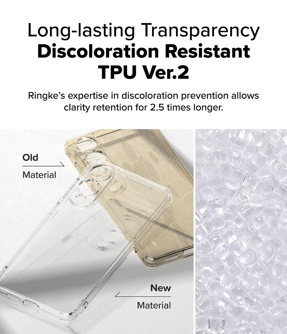Galaxy S25 Edge Case | Fusion - Comparison of yellowed old TPU material versus clear new TPU material for phone cases.