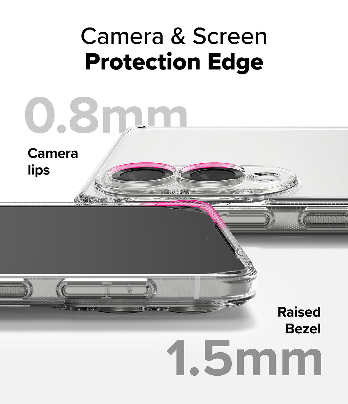 Galaxy S25 Edge Case | Fusion - Clear phone case showing 0.8mm camera lips and 1.5mm raised screen bezels for protection.