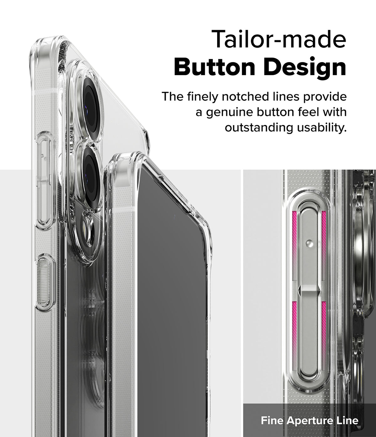 Galaxy S25 Edge Case | Fusion - Close-up of clear phone case buttons with notched lines for tactile feedback and usability.