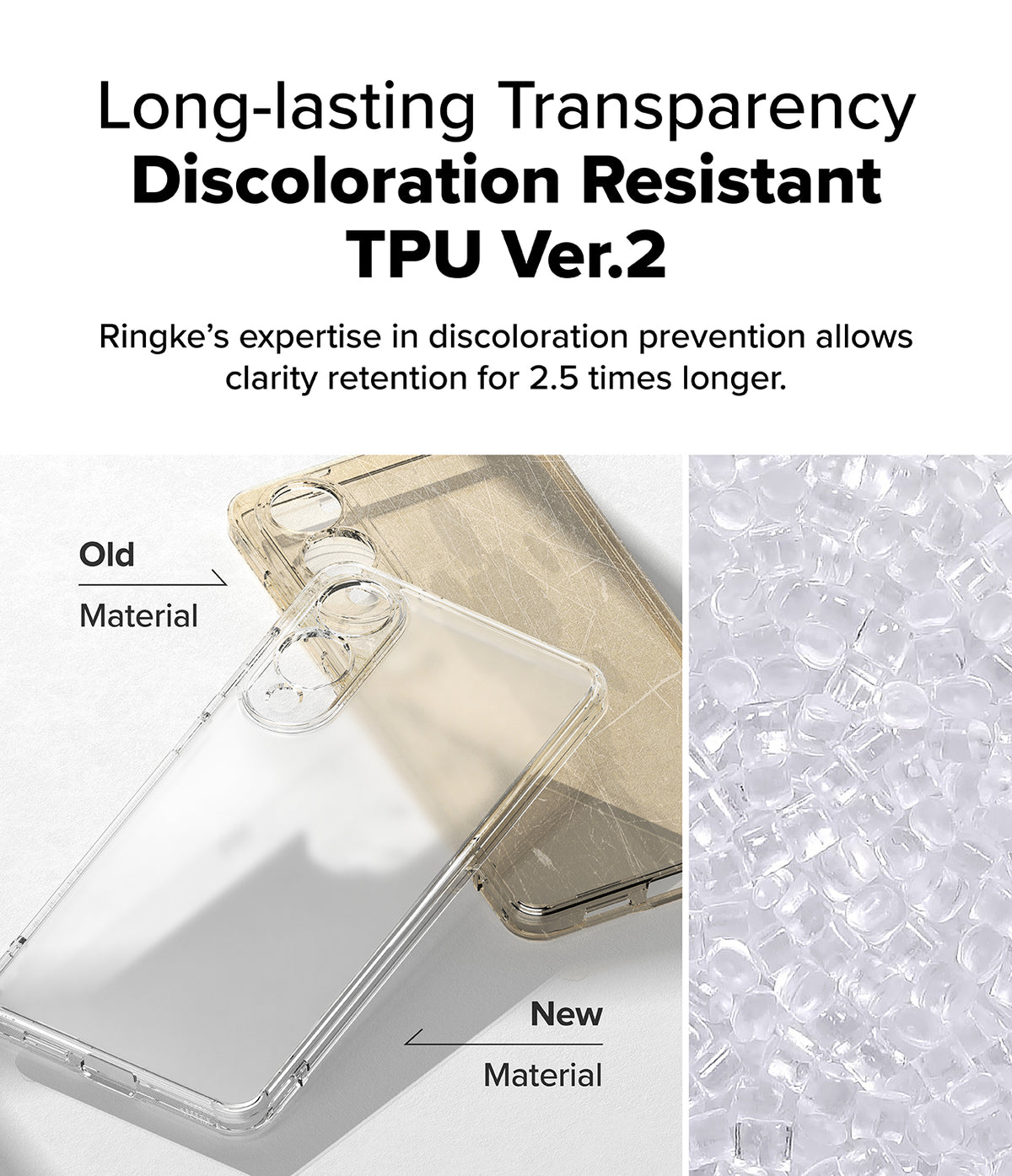 Galaxy S25 Edge Case | Fusion Matte - Comparison of yellowed old TPU vs. clear new TPU material for phone cases.