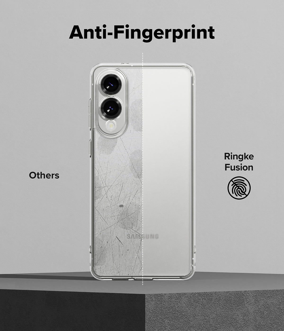 Galaxy S25 Edge Case | Fusion Matte - Comparison showing a smudged standard case versus a clean Ringke Fusion matte case.