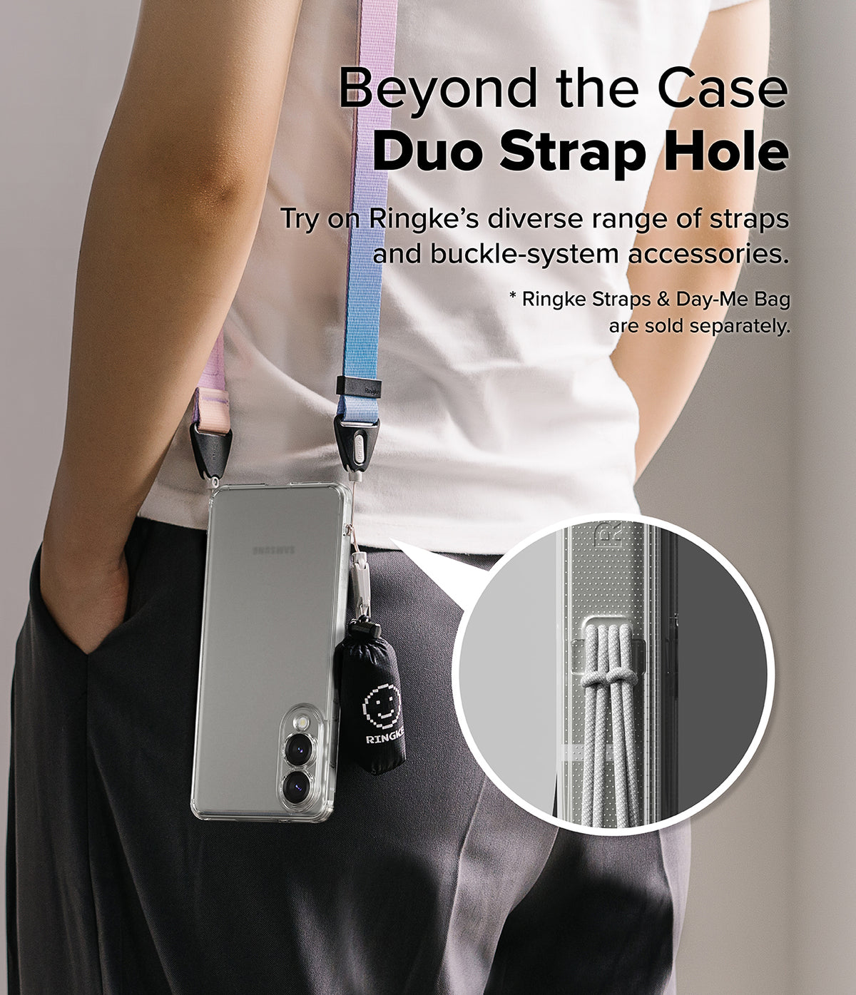 Galaxy S25 Edge Case | Fusion Matte - Phone case with dual strap holes worn with a colorful lanyard and small bag.