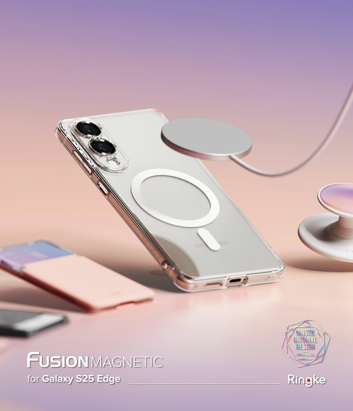 Galaxy S25 Edge Case | Fusion Magnetic - Clear phone case with magnetic ring, hovering charger, and grip on gradient background.