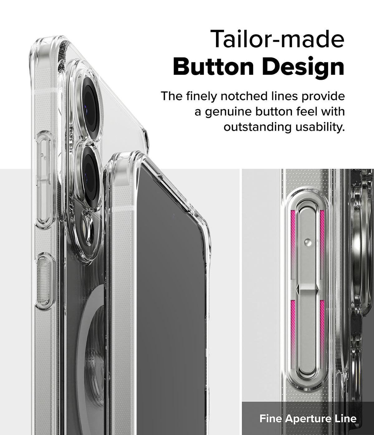 Galaxy S25 Edge Case | Fusion Magnetic - Close-up of a clear phone case highlighting the notched, tactile button design.