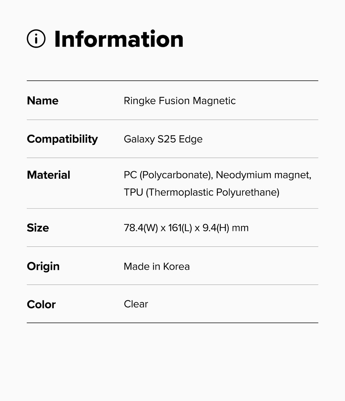 Galaxy S25 Edge Case | Fusion Magnetic - Information table listing product name, compatibility, material, size, origin, and color.