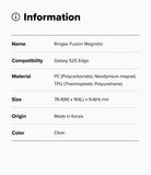 Galaxy S25 Edge Case | Fusion Magnetic - Information table listing product name, compatibility, material, size, origin, and color.