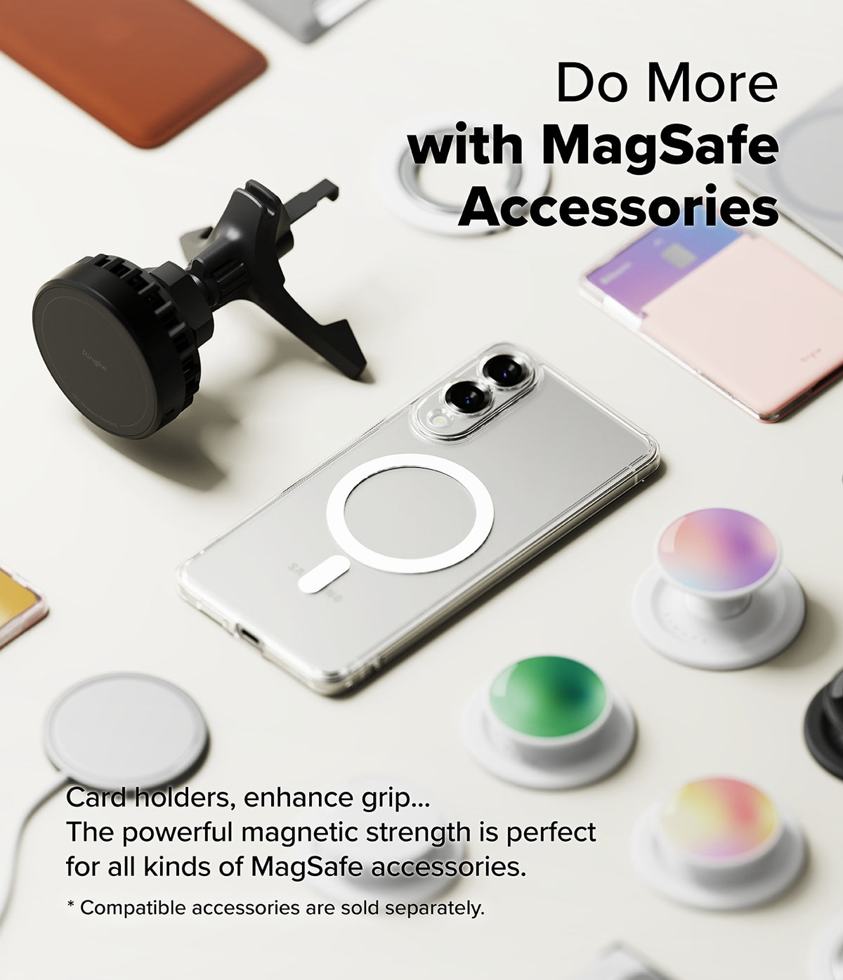 Galaxy S25 Edge Case | Fusion Magnetic - Clear phone case with magnetic ring surrounded by various MagSafe accessories.