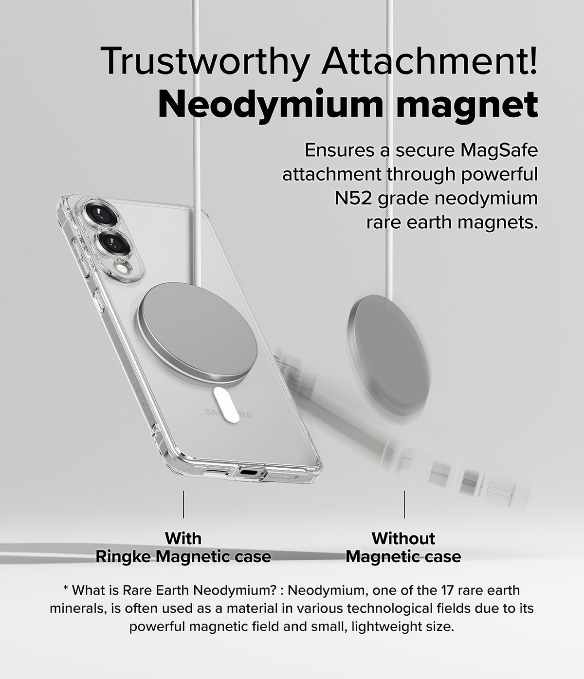 Galaxy S25 Edge Case | Fusion Magnetic - Comparison showing a phone with a magnetic case holding a disc versus falling.