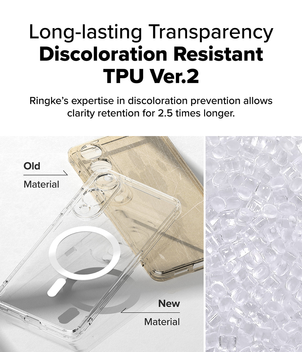 Galaxy S25 Edge Case | Fusion Magnetic - Comparison of yellowed old TPU versus clear new TPU material for phone cases.