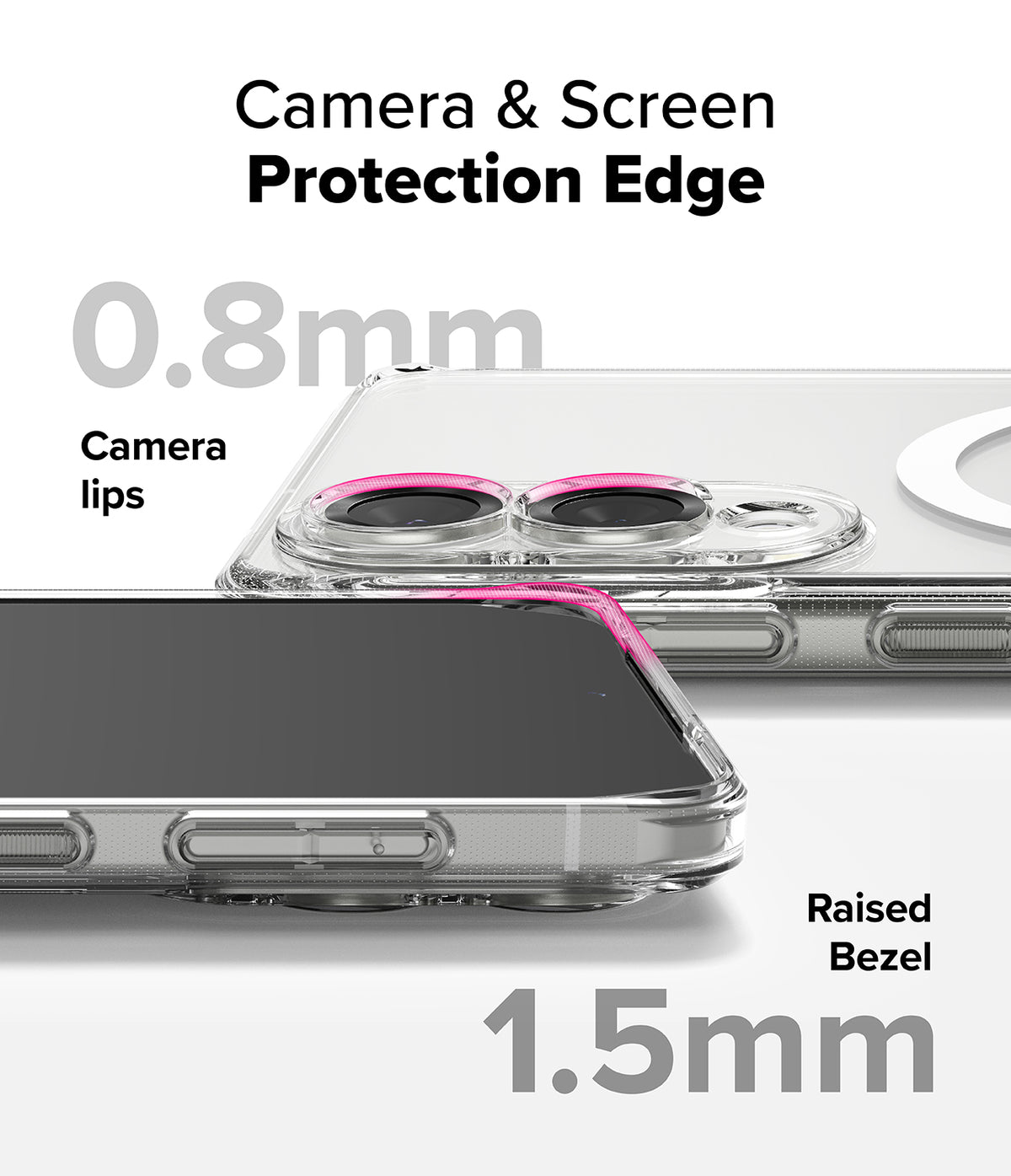 Galaxy S25 Edge Case | Fusion Magnetic - Close-up showing 0.8mm camera lips and 1.5mm raised screen bezel on a clear case.