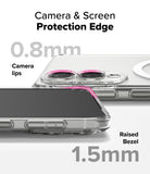 Galaxy S25 Edge Case | Fusion Magnetic - Close-up showing 0.8mm camera lips and 1.5mm raised screen bezel on a clear case.