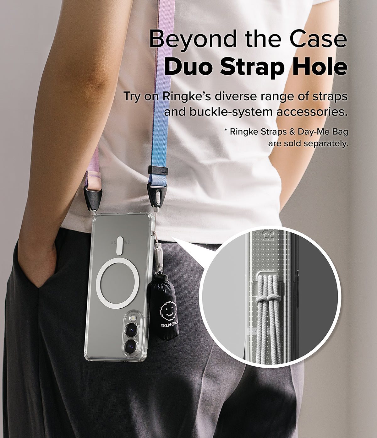 Galaxy S25 Edge Case | Fusion Magnetic - Person wearing a phone case with a colorful strap and small accessory bag.