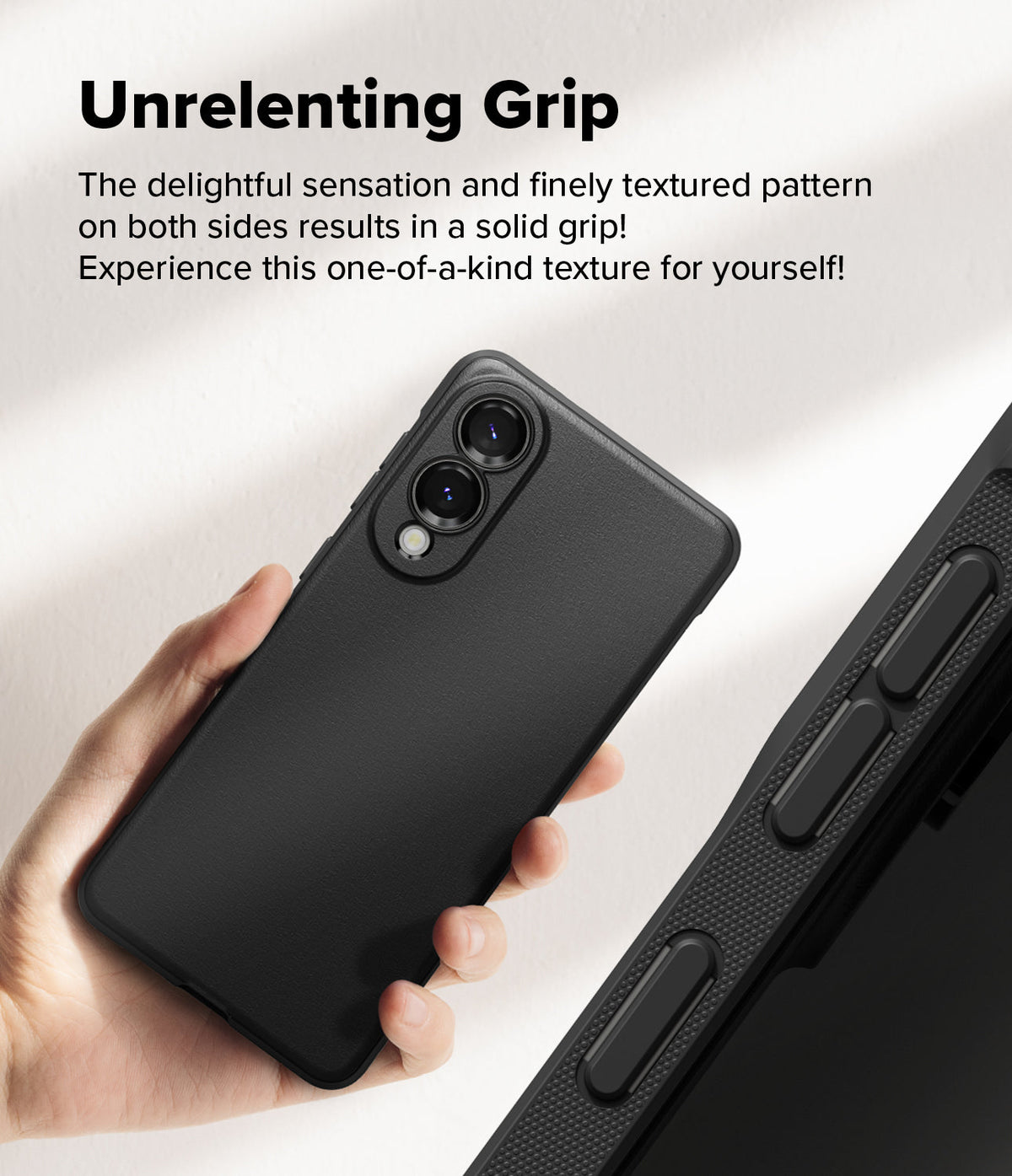 Galaxy S25 Edge Case | Onyx - Hand holding a black phone case with a textured side grip and triple camera cutout.