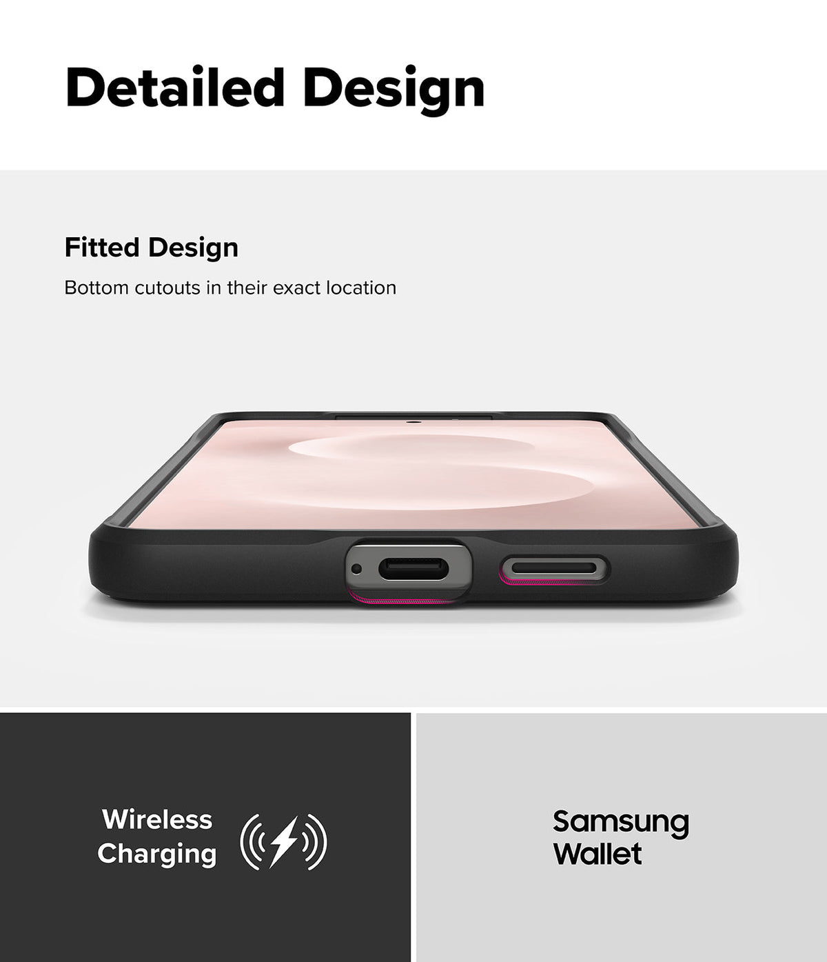 Galaxy S25 Edge Case | Onyx - Bottom view of a phone in a black case highlighting precise port and speaker cutouts.