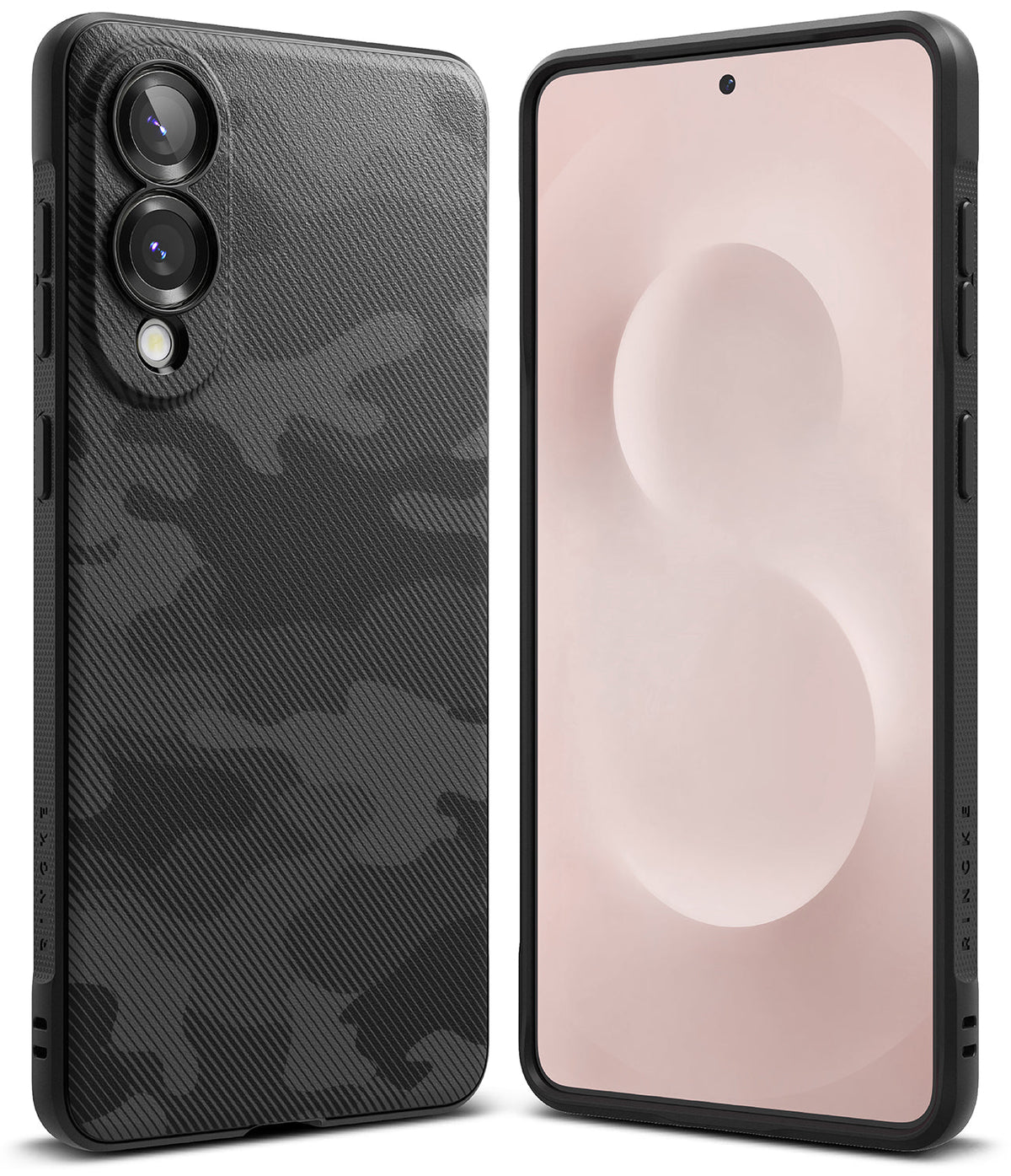 Galaxy S25 Edge Case | Onyx - Black phone case with a textured camo pattern shown from the back and front views.