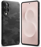 Galaxy S25 Edge Case | Onyx - Black phone case with a textured camo pattern shown from the back and front views.